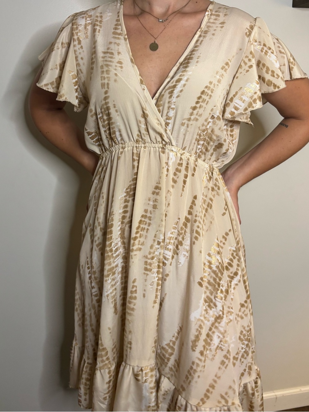 V-Neck Mini Dress in Cream with Tan Print